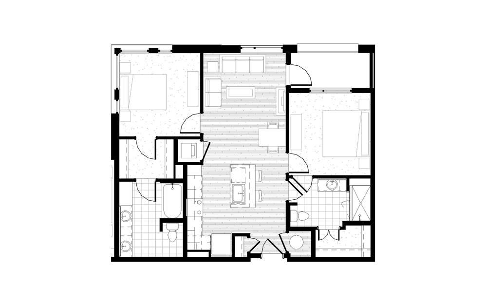 B4 - 2 bedroom floorplan layout with 2 baths and 1025 square feet.